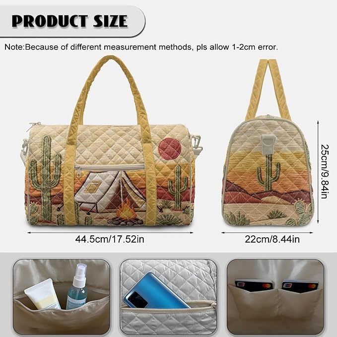 COEQINE Brown Desert Cactus Print Quilted Bag Light Weight Travel Duffel bag with Large Loading Capacity, Duffel bag with Shoulder Strap for Travel Camping Sports