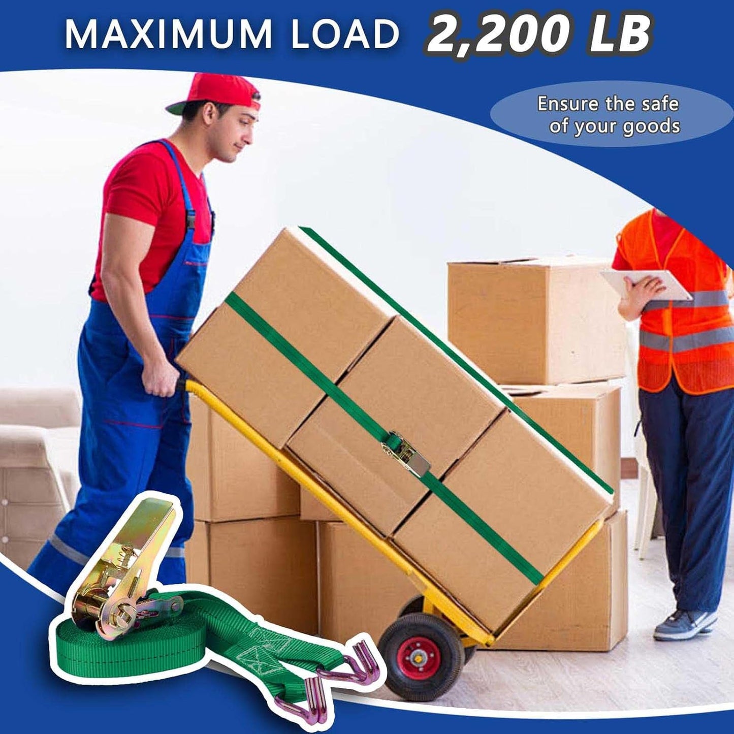 Ratchet Straps (4-Pack), 1 Inch x 16.4 Feet (2200lb Break Strength) with Sturdy Metal Hooks, 1x Work Gloves, Heavy Duty Tie Down Straps for Truck, Cargo Trailer, Motorcycle, Luggage, Moving (Green)