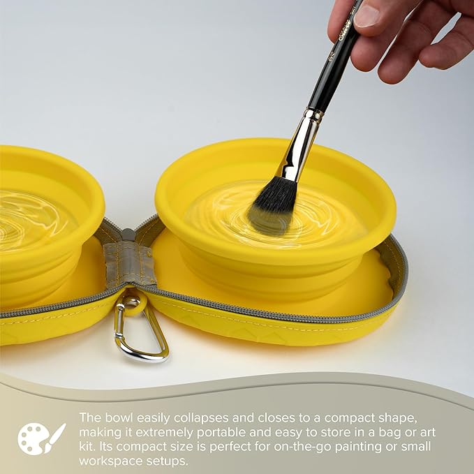 Silver Brush Limited 9004 Silver Essentials Double 450ml/15.2oz Collapsible Water Bowl with Zipper Pouch, Leak-Proof Paint Brush Water Cup for Water Media, for Studio, Travel, and Plein Air, Yellow