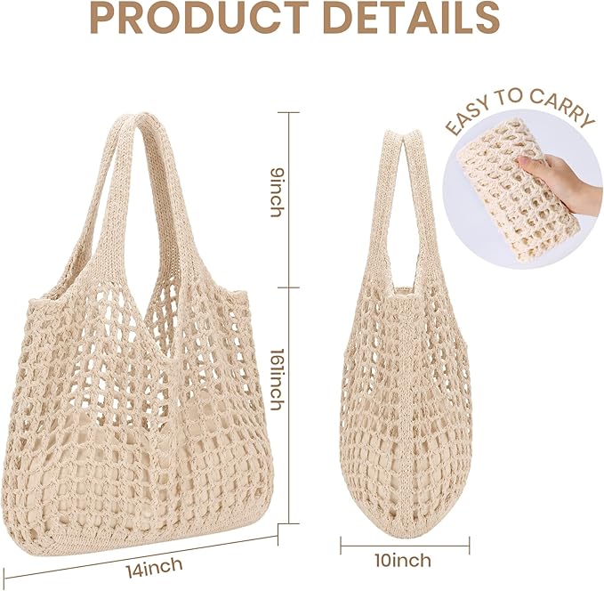 SUOSDEY Crochet Mesh Beach Tote Bag, Knit Summer Vacation Aesthetic Boho Tote Bag for Women
