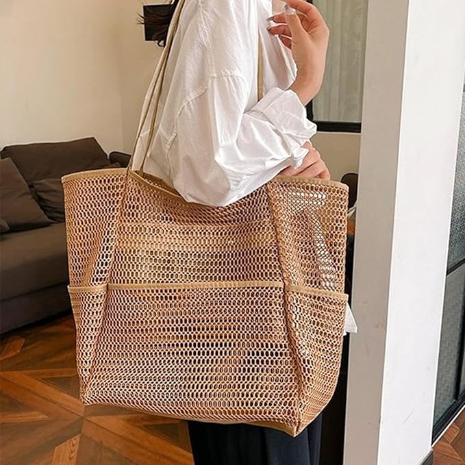 Large Beach Bags for Women, Mesh Beach Tote with Zipper, Foldable Pool Tote Bag Travel Beachbag Waterproof Sandproof