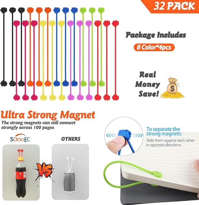 SOOOEC Snap On Magnetic Cable Ties, 32 Pack 7.2" Magnetic Cord Organizer Cute Cloud Design, Silicone Twist Ties with Strong Magnet for Bundling and Cable Management, Fridge Magnets, Assorted Colors.