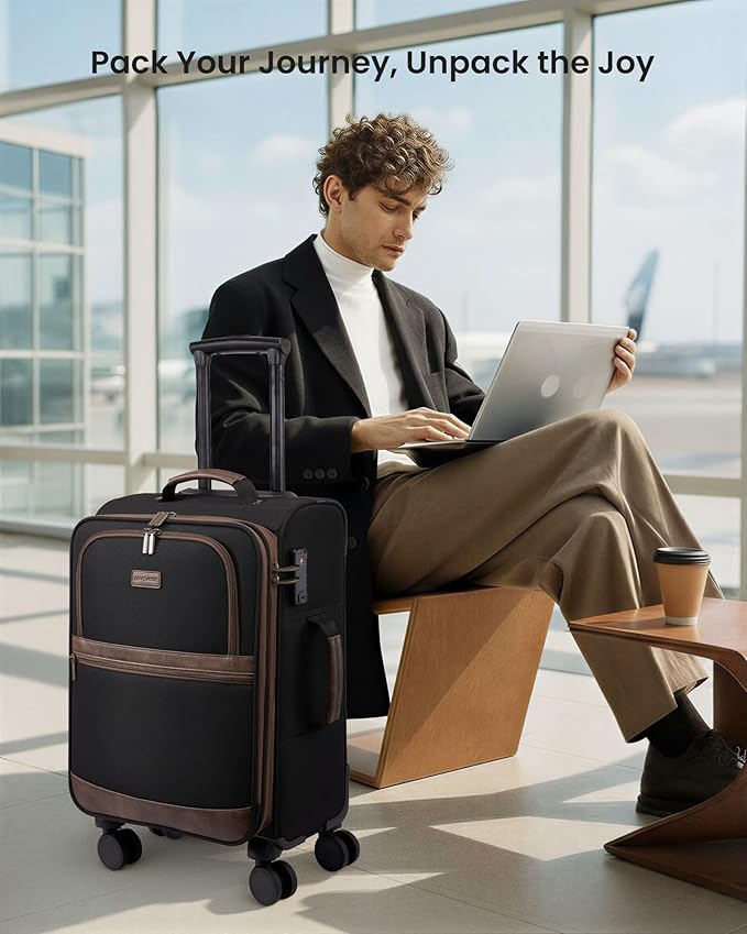 LOVEVOOK Carry On Luggage 22x14x9 Airline Approved,20 Inch Suitcases with Spinner Wheels,Softside Carry-on Suitcase with TSA Lock for Men Women Business Trip Weekender Travel,Navy blue&brown