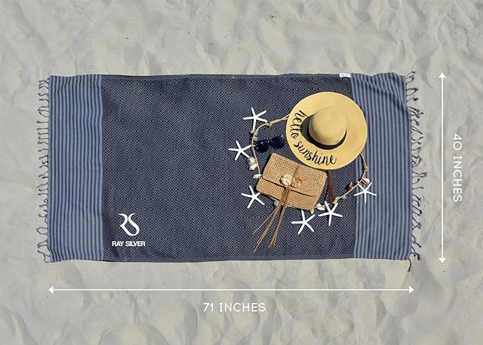 RAY SILVER Turkish Beach Towel – 100% Turkish Cotton 40"x71" Quick Dry Oversized Beach Towel Sand Free Lightweight Turkish Towel for Travel Camping Bath Sauna Beach Pool Gym Yoga