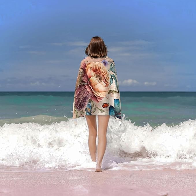 Microfiber Beach Towel, Flower Butterfly Beach Towels 32x52in,Quick Dry, Sand Free, Ultra Soft & Oversized Towel for Travel, Outdoor, Bathroom, Swimming - Ideal for Pool, Camping, Yoga, or Gift Decor
