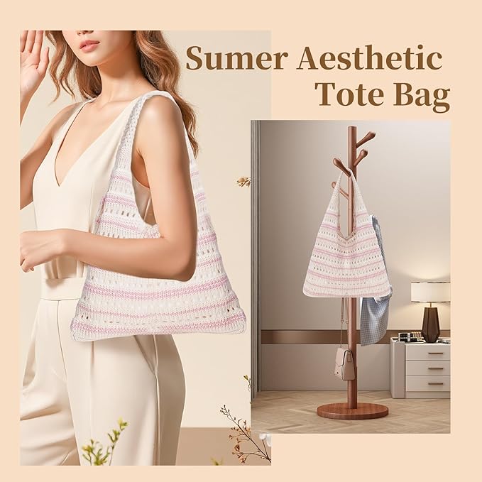 Sightor Crochet Tote Bag, Mesh Beach Bag Knit Summer Hobo Bag Vacation Boho Tote Bag for Women