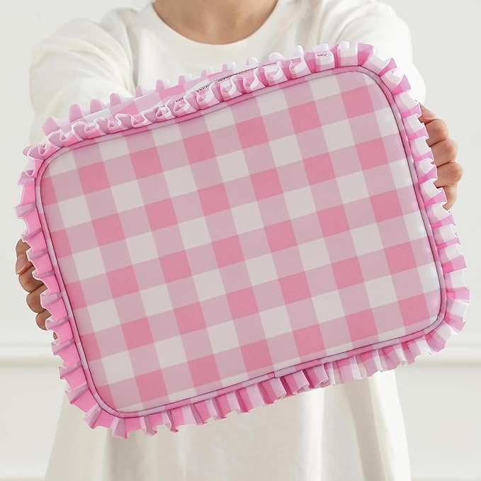 Gingham Ruffle Makeup Bag,Large Travel Cute Cosmetic Bag for Women Girls,Toiletry Bag Make up Organizer 10.8 x 4.5 x 8 inch (Pink Gingham)