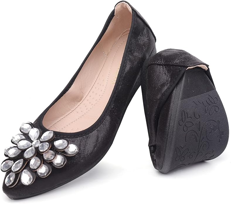 Flats Shoes for Women Rhinestone Wedding Ballerina Shoes Foldable Sparkly Comfort Slip on Flat Dressy Flats