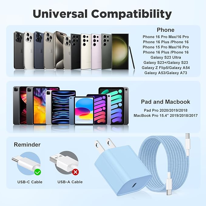 Fast Charging for iPhone 15 16 Pro Max Charger Colorful, 3Pack 20W USB C Fast Chargers Block with 6/6/10ft Long USB C to C Braided Cable Compatible with iPhone 16/15 Pro/15 Plus/iPad Pro 13/12.9,Blue