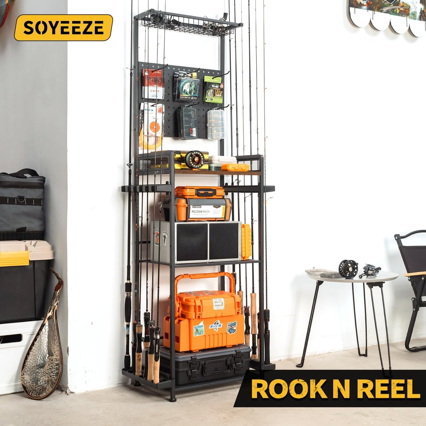 SOYEEZE Fishing Rod Holders for Garage,Fishing Gear Holder for Fishing Rod Tackle Box Storage,Fishing Pole Holders for 12 Rods with Hooks and Pegboard,Fishing Cart with Reel Rack