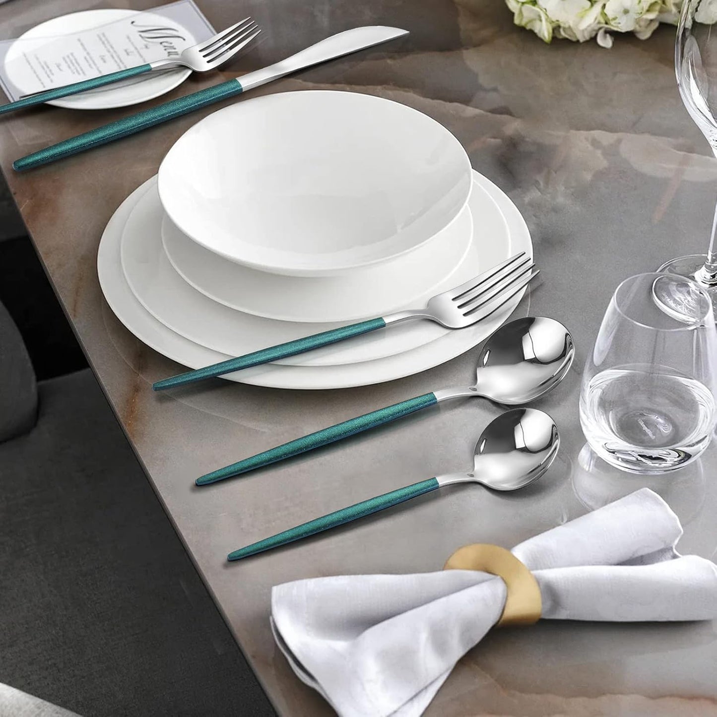 Mirror Silver Green Silverware Set, 20-Piece Stainless Steel Flatware Set, Satin Finish tableware Cutlery Set, Service for 4, Home and Restaurant, Dishwasher Safe