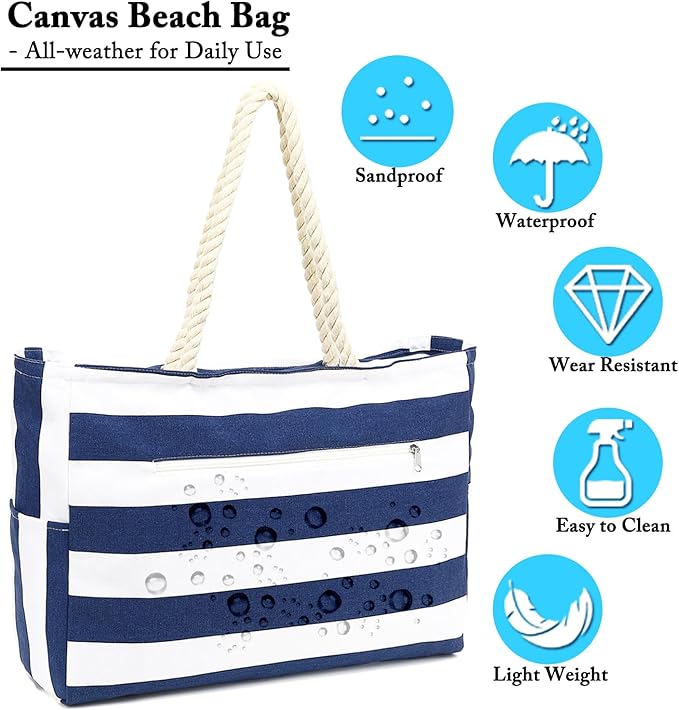 Large Canvas Beach Bag for Women, Beach Bags Waterproof Sandproof with Zipper & Wet Bag Cruise Essentials