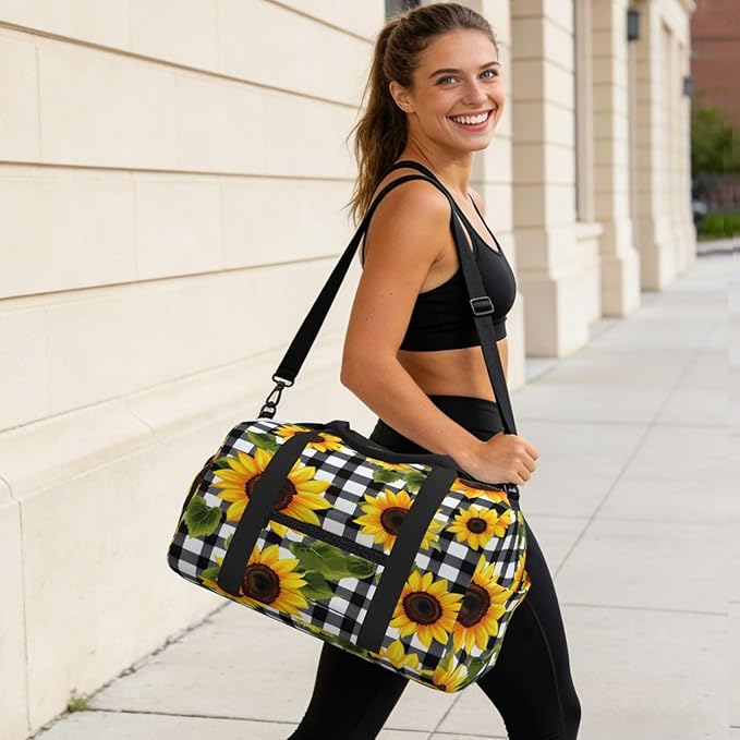 Sports Gym Bag Sunflowers Gingham Travel Duffel Bag With Shoe Compartment Shoulder Strap, Lightweight Water-Resistant Weekend Overnight Totes For Women Men