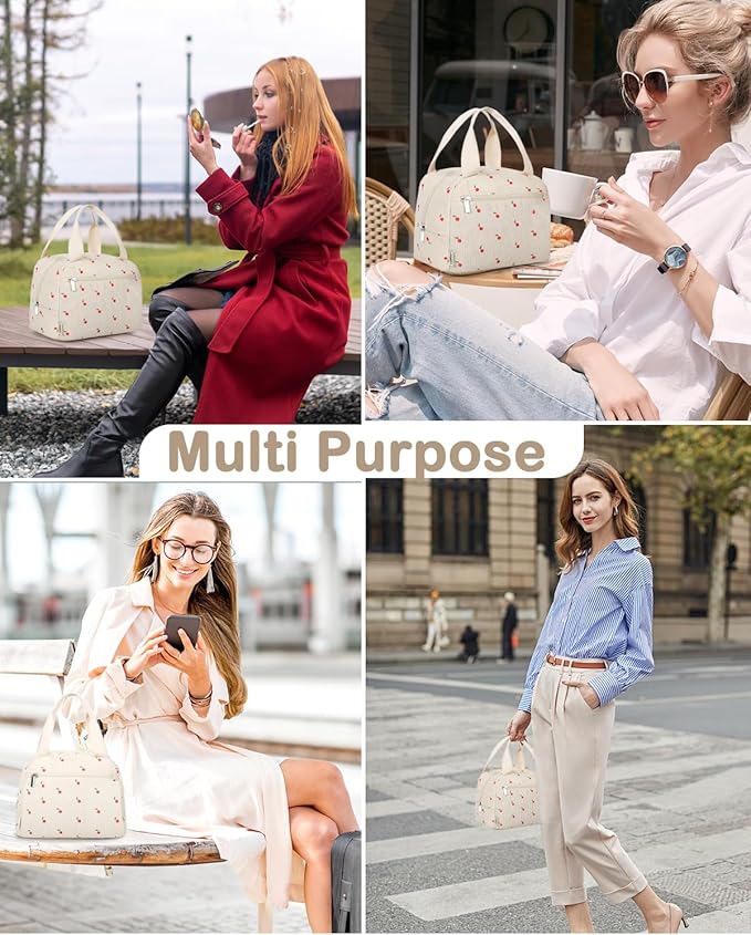 Cute Lunch Box Tote Bag - Corduroy Insulated Cooler Bags for Women - Lightweight Reusable Portable Soft Lunch Pail Kit for Kids Teen Girl Adults Work School Picnic Travel Cherry 12L