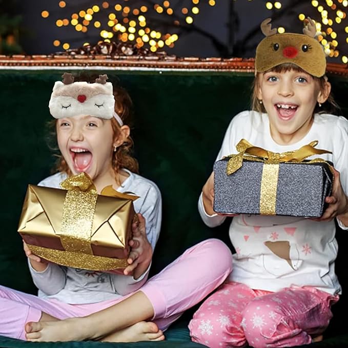 Cute Reindeer Plush Sleep Mask - Soft Fluffy Eye Cover Blindfold for Kids, Girls and Adults - Brown