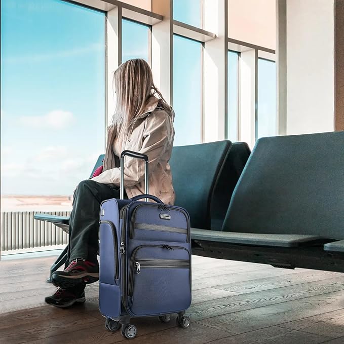 KROSER Softside Expandable Carry On Luggage with Front Business Pockets,20 Inch Suitcases with Spinner Wheels & Built-in TSA Lock, Durable Suitcase Rolling Luggage with USB Port, Navy