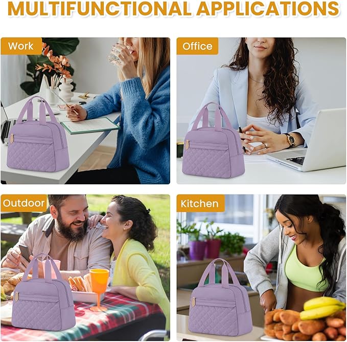 Insulated Lunch Bag for Women, Portable Lightweight Lunch Box for Adults, Reusable Small Lunch Tote Cooler Bags with Front Zipper Pocket for Work School Picnic(Purple)
