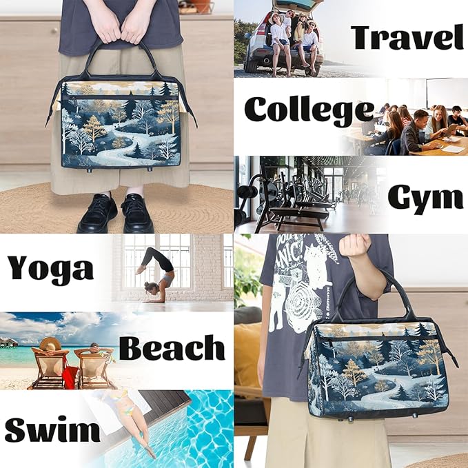 Gym Bag for Women Men, Winter Forest Tree Sports Duffel Bags, Waterproof Travel Weekender Overnight Carry On Tote Bags for Travel Sports
