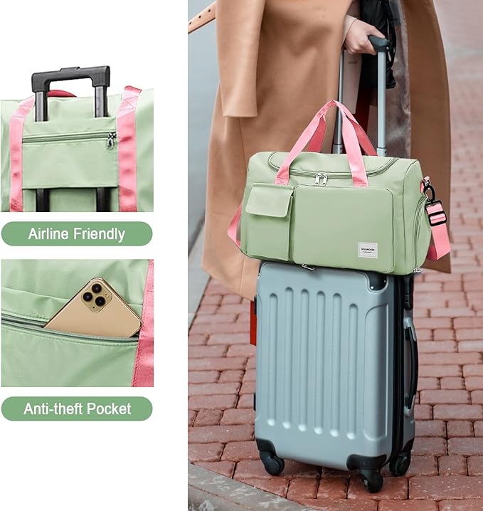 WOOMADA Foldable Travel Duffel Bag for Women, Weekender Bags with Shoes Compartment,Overnight Bag with Wet Pocket & Trolley Sleeve(Green&Pink)