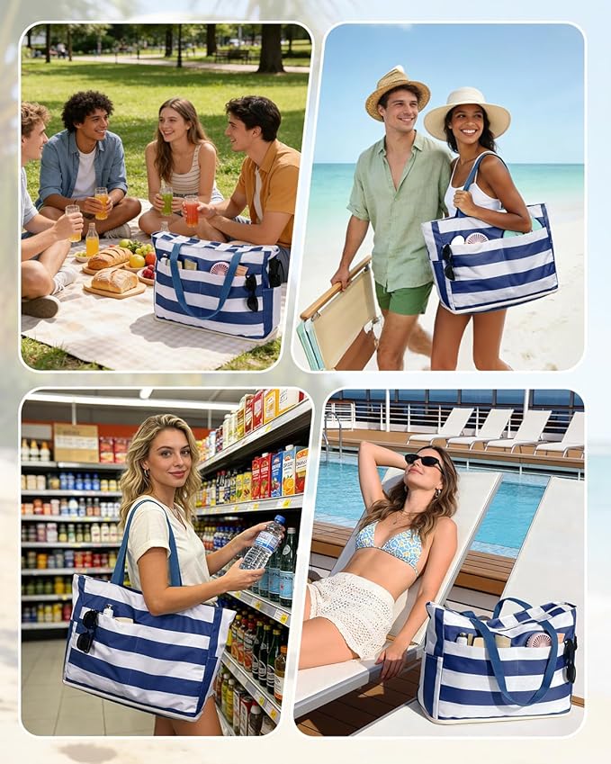 WANDF Beach Bags for Women, Large Waterproof Sandproof Beach Tote Bag with Zipper Family Pool Bags with 40oz Tumbler Pocket, Swim Cruise Vacation Essentials (Blue) | 40oz Tumbler Pocket