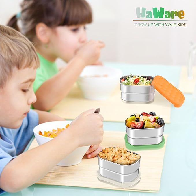 HaWare 8 oz Stainless Steel Snack Containers for Kids, Leak Proof Food Storage Containers with Colorful Silicone Lids, Small Metal Lunch Box for Daycare and School- 3 Packs