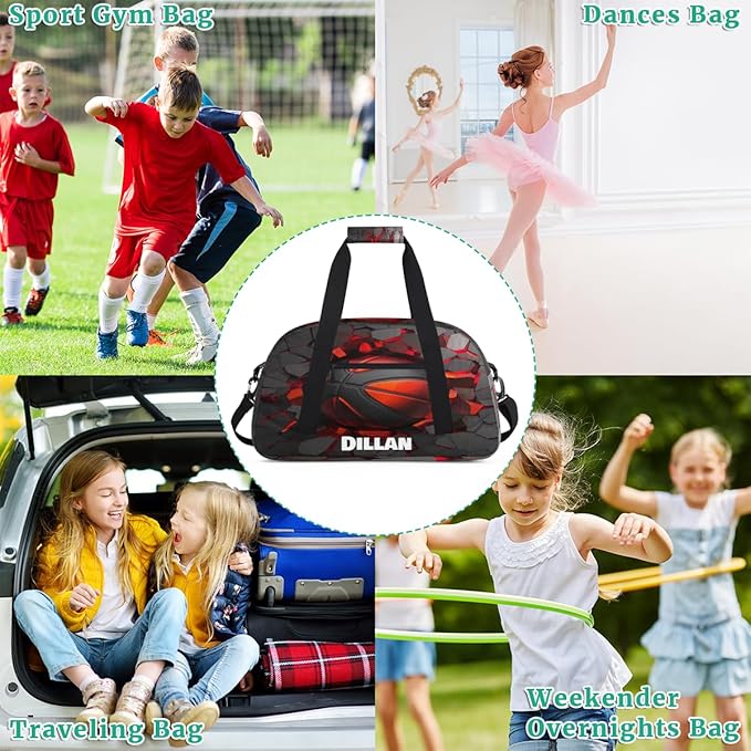 Custom Name Sports Bag for Kids Boys, Personalized Gym Duffel Fitness Travel Weekender Tote Carry-On Training Perform Bag Soccer Black Red