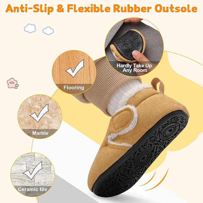 JOINFREE Toddler Slippers Boys Girls Adjustable House Shoes Barefoot Sock Shoes with Rubber Sole Baby Comfort Warm Indoor Outdoor Walking Shoe