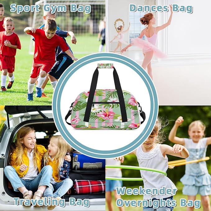 Duffle Bag for Women Men, Pink Green Stripe Flowers Gym Bag for Travel Sports, Lightweight Waterproof Weekender Overnight Bags with Adjustable Strap