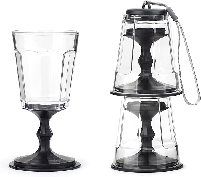 Kikkerland Portable Wine Glass, Stackable CompactTravel Glasses with Strap, Black, Set of 2