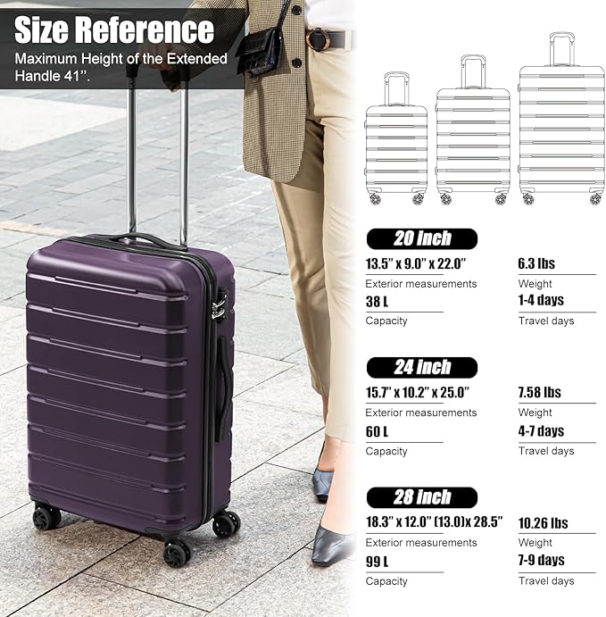Coolife Luggage Suitcase Carry-on Spinner TSA Lock USB Port Expandable (only 28’’) Lightweight Hardside Luggage (Purple, M(24in))