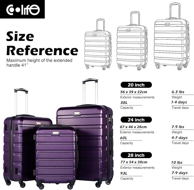 Coolife Luggage 3 Piece Set Suitcase Spinner Hardshell Lightweight TSA Lock (purple, 20/24/28)