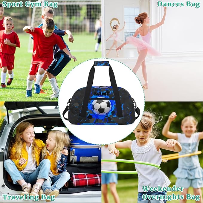 Personalized Name Sports Bag for Kids Boys, Custom Gym Duffel Fitness Travel Weekender Tote Carry-On Training Perform Bag, Soccer Black Blue