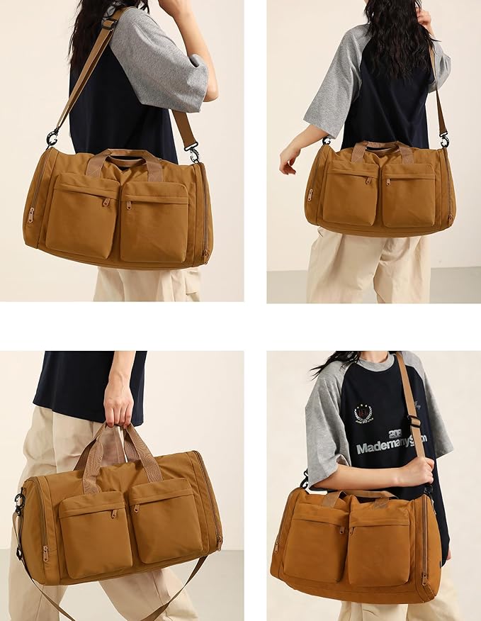 ZUEVI Gym Duffel Bag for Men Women with Shoe and Wet Compartment Lightweight Foldable Carry On Sports Travel Bag for Training Yoga Weekender(Brown)