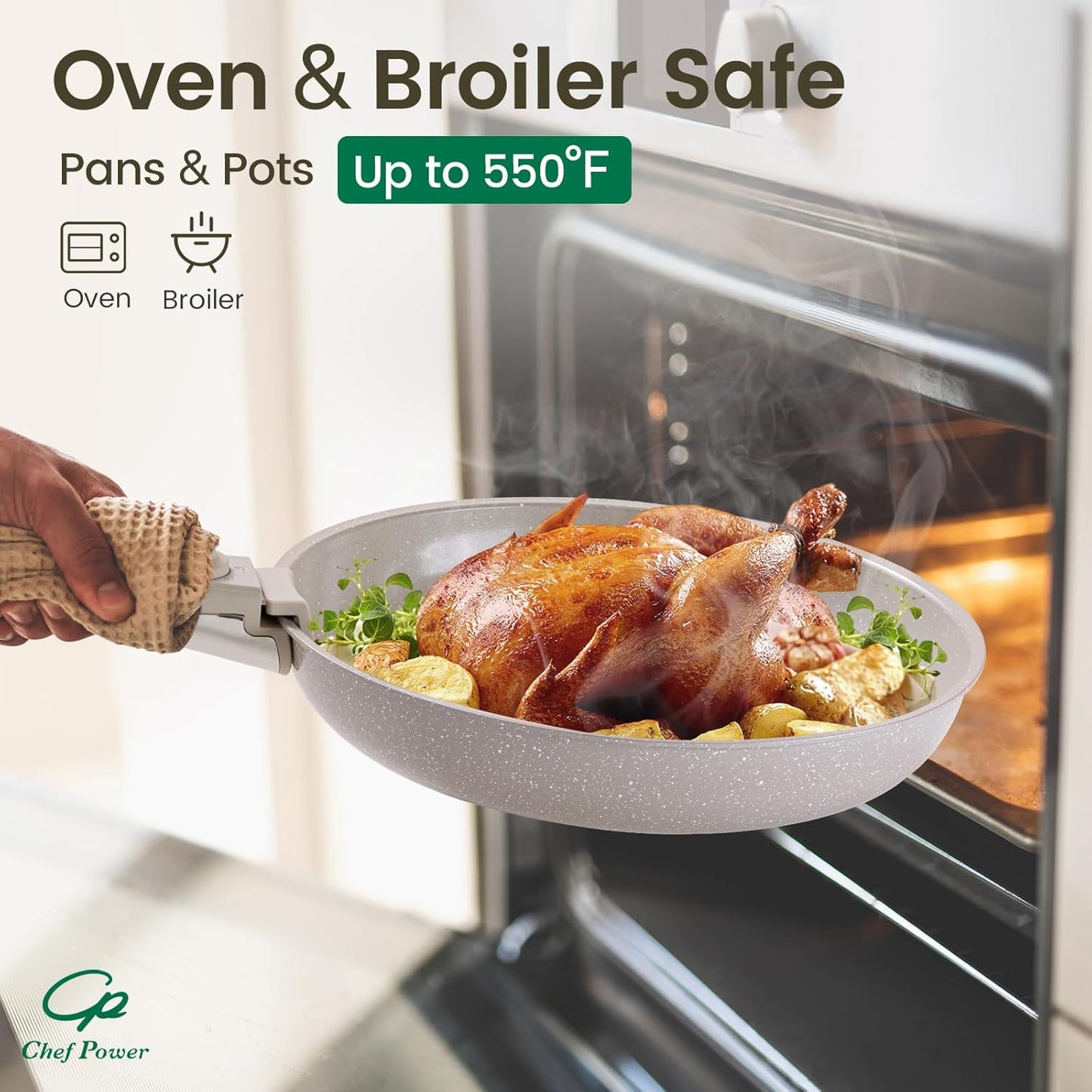 Chef Power Ceramic Nonstick Pots and Pans Set 19 Piece with Detachable Handle, Induction Dishwasher Oven Safe Cookware Set, RV Kitchen Set Removable Handle, Mocca Taupe