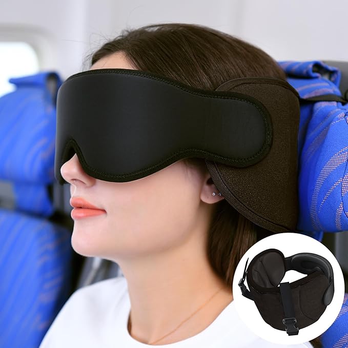 Travel Pillows for Airplanes, Airplane Pillow with Eye Mask for Long Flight, Airplane Head Strap for Sleeping, 360° Support Headrest for Car Trip, Stop Bobblehead Travel Essential, Dark Brown