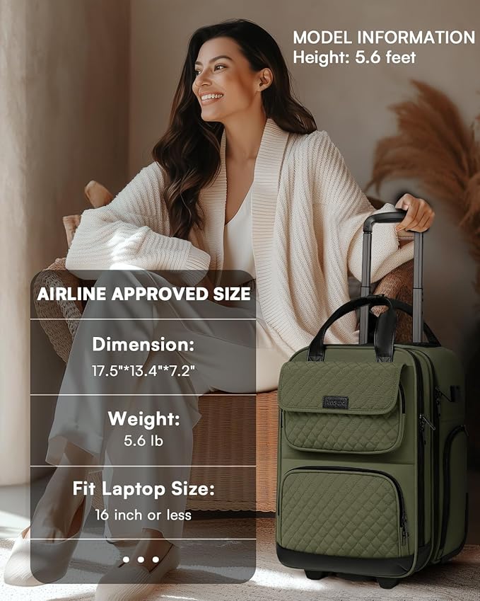 Underseat Carry On Luggage with Wheels, Airline Approved Personal Item Luggage, 16-Inch Multi-functional Underseat Luggage, Lightweight Overnight Suitcase for Women, Bussiness, Travel, Green
