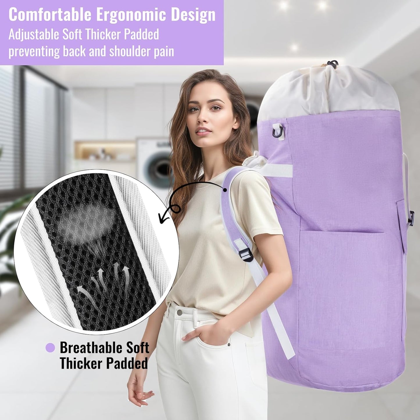 Laundry Bag Backpack, 125L Extra Large Travel with Shoulder Straps, Adjustable & Extendable Design, Laundry Hamper Bag with 3 Pockets for Laundromat, College, Travel, Camping (Purple)