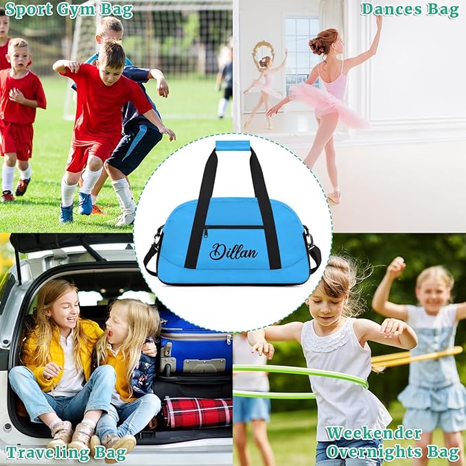 Custom Name Gym Duffel for Kids,Personalized Sports Bag Lightweight Gym Bags for Boys & Girls,Fitness Travel Weekender for Travel, and Workout Light Blue