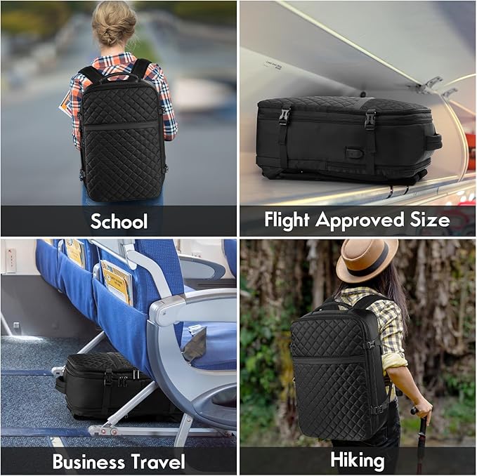 MOMUVO Carry On Backpack for Women, Flight Approved Large Travel Laptop Backpack with USB Charge Port, 17 Inch Water Resistant Luggage Travel Bag for Weekender Business, Black