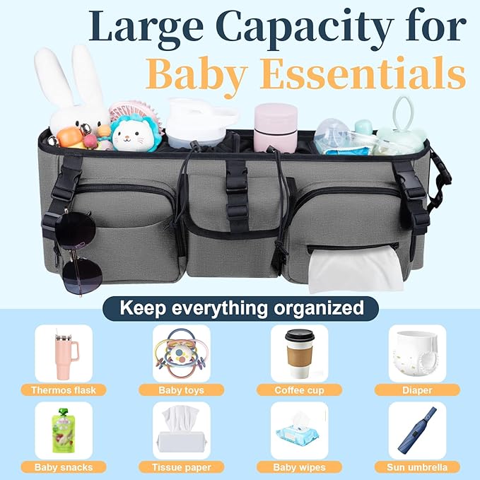 Double Stroller Organizer Compatible with Bob Duallie and Baby Jogger City Mini GT2, Double Baby Stroller Accessories with Cooler Bag, Parent Console Double Jogging Stroller Caddy, Grey