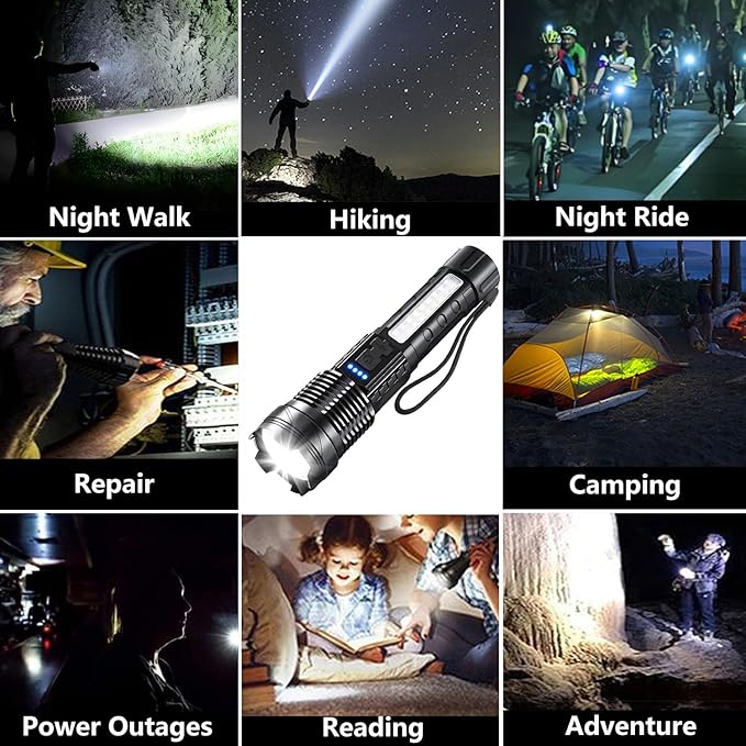 Rechargeable LED Flashlights, 90,000 Lumens Super Bright Handheld FlashLight, 7 Modes with COB Work Light, IPX6 Waterproof, Adjustable Tactical Flash light for Home,Camping and Emergencies-2 Pack