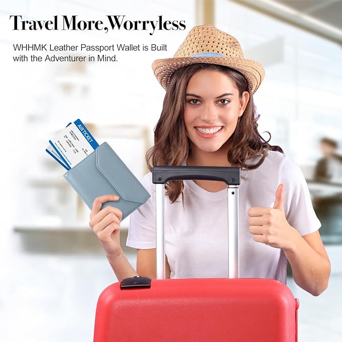 Leather Passport Holder for Travel,Rfid Passport Holder Protect Your Card Security,Passport Book Holder for Men Women,Travel Wallet with Cards & Pen Slot,Boarding Pass,Zipper Cash Pocket (Blue)