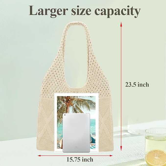 SUOSDEY Crochet Mesh Beach Tote Bag, Knit Summer Vacation Aesthetic Boho Tote Bag for Women