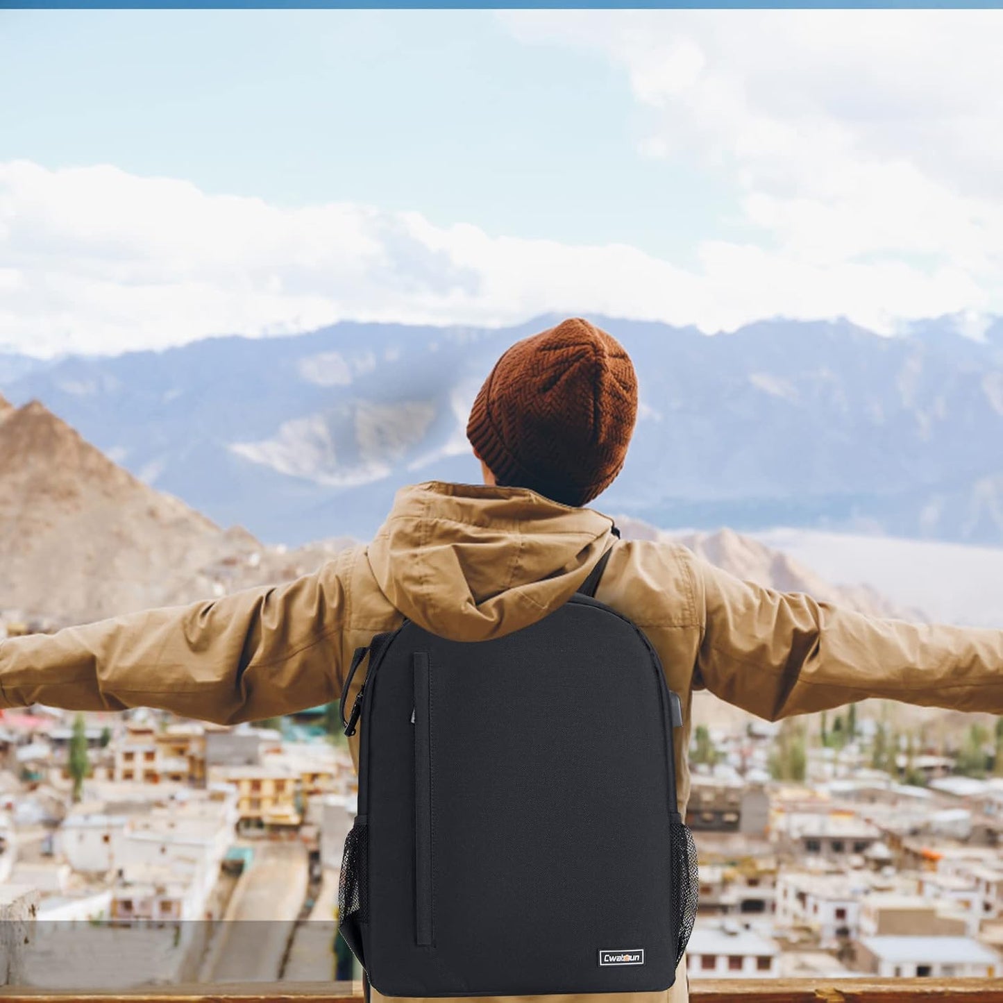 Cwatcun Camera Backpack with USB,Rain Cover,fit 15.6" Laptop,Anti-Theft Rear Open Camera Bag,Waterproof Camera Case with Tripod Straps for Canon Nikon Sony DSLR SLR Photography Bag Unisex(III-L-Black)