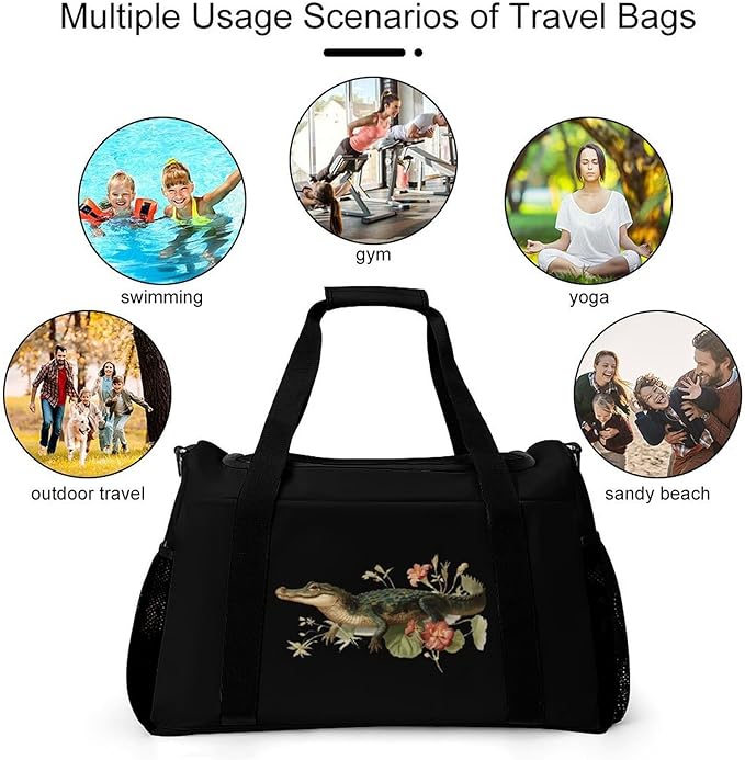 Crocodile Botany Flower Duffle Bag Gym Bag for Workout Travel Tote with Detachable Straps