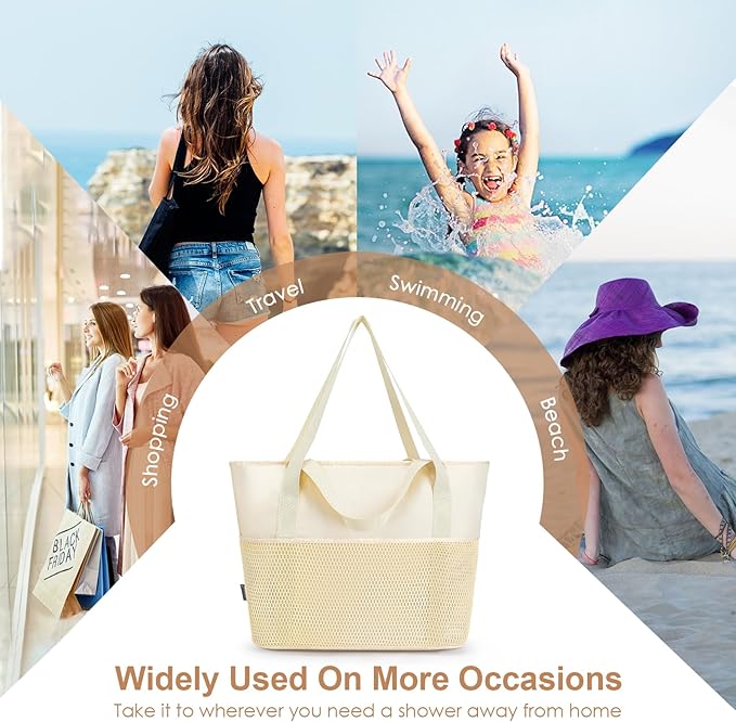 KABAQOO Large Beach Bag Waterproof Sandproof Tote Bag for Women with Zipper & Mesh Pockets for Pool Swim Travel Everyday