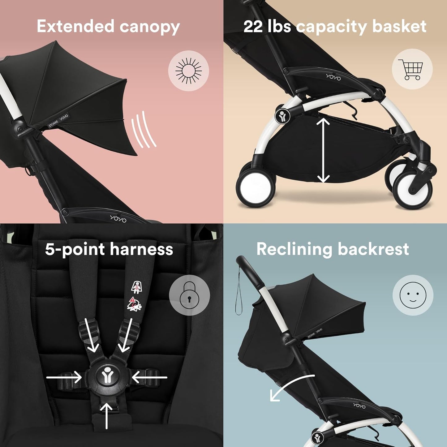 Stokke YOYO3 Stroller from 6 Months - Includes White Frame/Black Seat Cushion + Canopy - Folds in & Out in a Flash - Light & Compact - Carry-On Compatible
