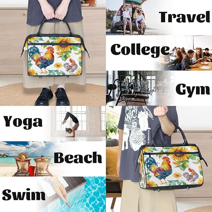 Multipurpose Duffle Bag, Waterproof Carry On Bag with Spacious Design, Watercolor Rooster Sunflower Gym Bags, 15.2x8.3x11.6in
