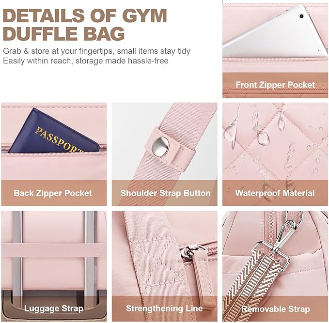 SYTRAH Gym Bag for Women, Duffle Weekender Bags for Travel, Lightweight Weekender Tote with Wet Pocket for Sports, Workout and Dance Pink