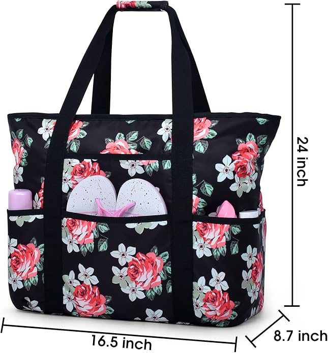Becokan Beach Bags for Women Large Beach Tote Bag with Zipper Pockets Beach Bag Waterproof Sandproof Travel Nurse Tote Bag